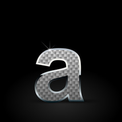 White carbon fiber letter A lowercase with chrome outline isolated on black background