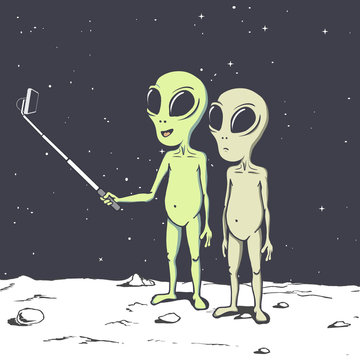 Two aliens make selfie.Humanoids photographs himself.Vector illustration. Space design