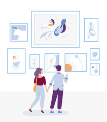 Young couple visiting art gallery and looking at paintings on a wall, museum art exhibition and man and woman - visitors are contemplating arts vector flat illustration with cartoon characters