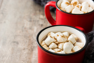 Christmas cocoa with marshmallow in mug on wooden table. Copyspace