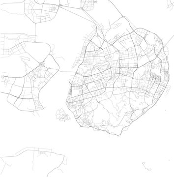 Cartina di Xiamen, provincia di Fujian, vista satellitare, mappa in bianco e nero. Stradario e mappa della città. Cina