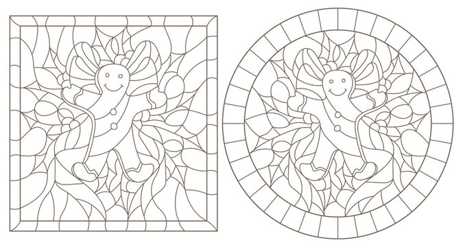 Set of contour illustrations in stained glass style for the New year and Christmas, ginger man, Holly branches and ribbons in the frame, round and square image