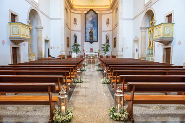 Wedding decorations in the church before the ceremony.