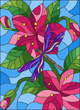 Illustration in stained glass style with bright purple dragonfly against the sky, foliage and pink flowers on sky background