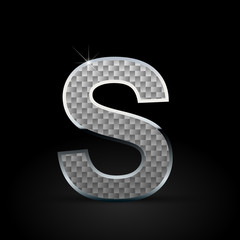White carbon fiber letter S uppercase with chrome outline isolated on black background