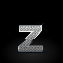 White carbon fiber letter Z lowercase with chrome outline isolated on black background