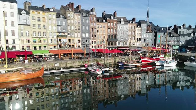 France, Normandy, Aerial view of Honfleur and its picturesque harbour, old basin and the quai Sainte Catherine