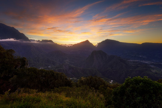 Colorful sunset from the Gite de B&eacute;louve in Reunion Island