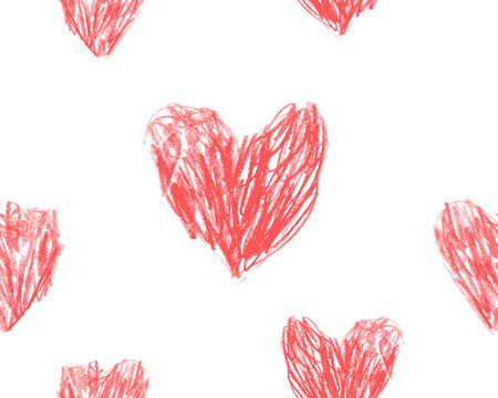 Hand drawn hearts seamless pattern red pencil draw