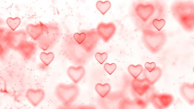 Interconnection of Hearts. The Day of the Holy Valentine. Background with hearts. Focusing and defocusing on three-dimensional images of hearts. White background.