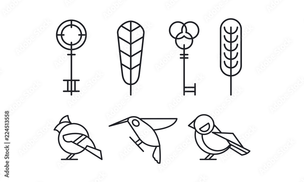 Wall mural set of keys, leaves and birds hummingbird, woodpecker and sparrow in linear style. vector elements f