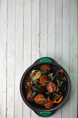 Vegetables grilled pan fried eggplant and tomatoes