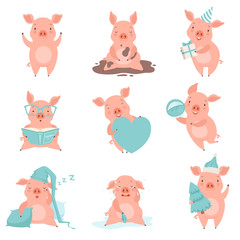 Cute cheerful little pink pigs set, funny piglets cartoon characters in different situations vector Illustration on a white background