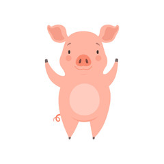 Obraz na płótnie Canvas Cute cheerful little pig, funny piglet cartoon character vector Illustration on a white background