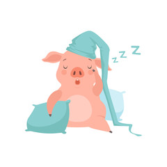 Cute little pig in light blue nightcap sleeping on pillows, funny piglet cartoon character vector Illustration on a white background