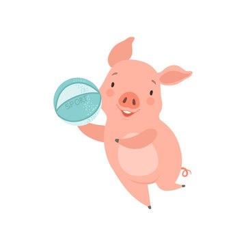 Cute little pig playing with ball, funny piglet cartoon character having fun vector Illustration on a white background