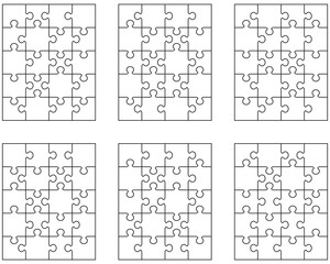 Vector illustration of six white puzzles, isolated pieces