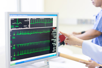 The doctor check heart rate and pulse of patient by running test for protect the heart attack.