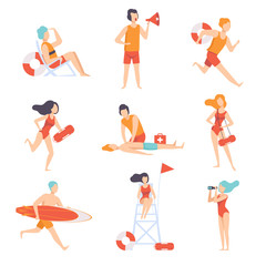 Fototapeta na wymiar Lifeguards on duty set, male and female professional rescuer character working on the beach vector Illustration on a white background