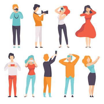 People photographing set, young men and women taking photos with cameras vector Illustration on a white background