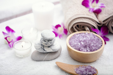 Spa accessories aromatic salt scrub and candle with towe