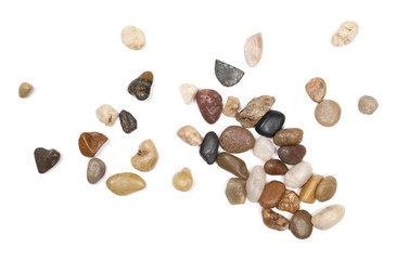 Colorful, decorative pebbles, rocks isolated on white background, top view
