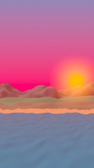 Sun Sea Beach. Sunset. Ocean shore line with waves on a beach. Island beach paradise with waves. Vacation, summer, relaxation. Seascape, seashore. Minimalist landscape, primitivism. 3D illustration