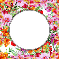 Summer Vintage Floral Greeting Card. Frame of flowers  on a white background with space for text. Illustration on white in watercolor style.