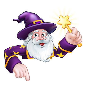 A wizard merlin magician Halloween cartoon character peeking over a sign pointing and holding a wand