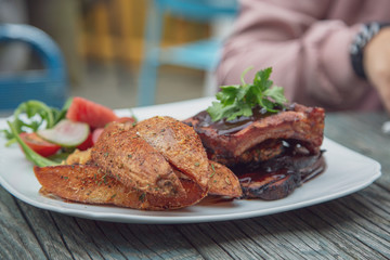 grilled beef steak with french fries