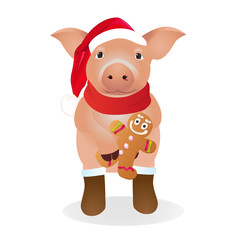 Pig in a funny Santa's red cap. Christmas and New Year card. Vector illustration.