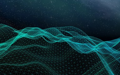 Abstract landscape on a dark background. Star horizon. Cyberspace grid. Hi-tech network. Outer space. Starry outer space texture. 3D illustration