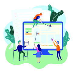 People catching bugs on the web page. IT software application testing, quality assurance, QA team and bug fixing concept. Vector illustration in cartoon and flat style