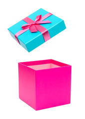 Open pink gift box with ribbon bow