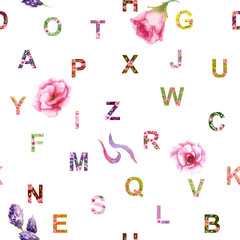 English alphabet made from watercolor flowers, seamless pattern