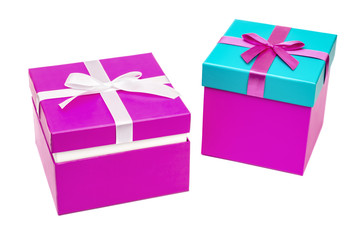 Two purple gift boxes with ribbon isolated on white