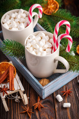 Two cups with small marshmallows on a dark wooden background