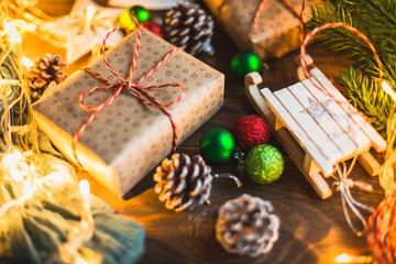 Christmas theme on wooden table.