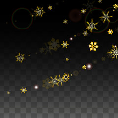 Christmas  Vector Background with Gold Falling Snowflakes Isolated on Transparent Background. Realistic Snow Sparkle Pattern. Snowfall Overlay Print. Winter Sky. Design for Party Invitation.