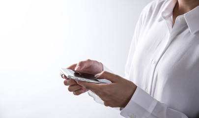 human hand using smartphone on white background