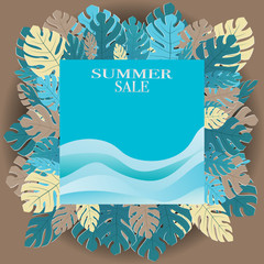 Summer sale banner with  tropical leaves background,  vector illustration..