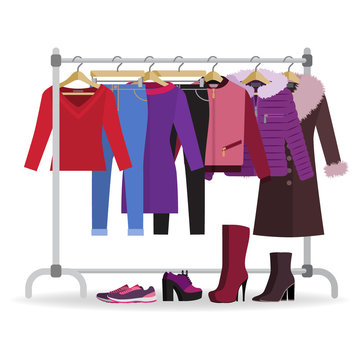 Clothes hanger with different casual woman clothes, footwear. Wardrobe with jeans, jackets, coat, dress. Autumn, winter, seasonal clothes. Vector illustration in flat style.