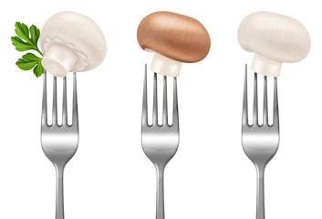 Mushrooms on a steel fork. Vector illustration. © vixenkristy