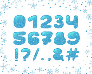 Fototapeta premium Alphabet winter design. Typeface clip art, ice style. Numbers and punctuation marks. Font vector typography. Hand drawn. EPS 10