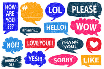 Speech bubble doodles set. Scribble frames collection. Sketch vector. Popular social media phrases. Hand drawn effect illustration. Messages, chat or dialog clouds. Scrawl graphics.