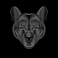 Engraving of stylized silver puma on black background
