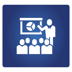 business people presentation with pie chart icon in blue background