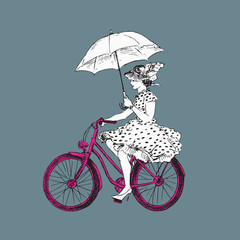 Lady in polka dot dress in hat and high heels with open umbrella riding pink bicycle, hand drawn doodle, sketch black and white outline vector illustration on gray background