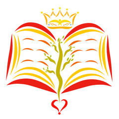 Crown over an open book with a tree on the pages