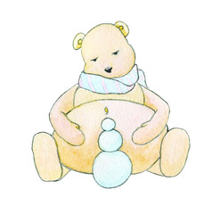 Сute bear mold snowman. Bear play with snow. Bear in a scarf in pink and blue strip. illustration on white background. light colors.
